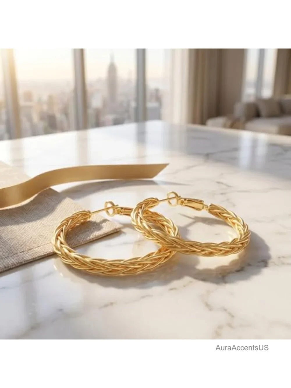 14K Gold Twisted Hoop Earrings for Women Fine Weave Hypoallergenic 30MM